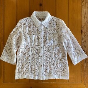 White Stag White Semi-Sheer Burnout Button Up 3/4 Sleeve Blouse‎ Womens Medium